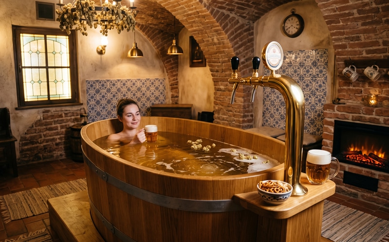Sala termale privata con vasca di legno per il bagno alla birra, delicato idromassaggio e luce calda presso Lázně Pramen a Dejvice
