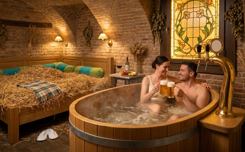 A couple enjoying a beer bath in the oval oak tub with golden beer, beside the straw resting bed, in the brick cellar of Lázně Pramen in Prague 6