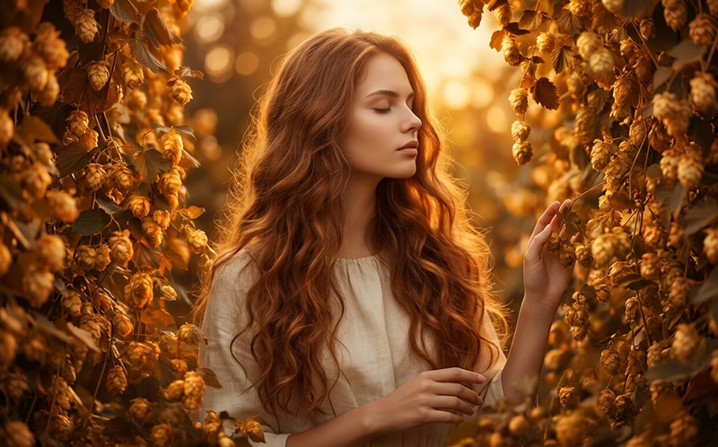 Fresh hops in a field, illuminated by the sun