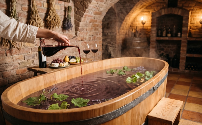 Une employée verse du vin rouge d'une carafe dans la cuve ovale en mélèze du bain de vin, lavande à la surface ; à côté, une petite table avec une bouteille de vin, deux verres, du raisin, une poire et du fromage, une marche en bois et une voûte en briques ornée de bouquets de blé et de lavande, Lázně Pramen Prague 6