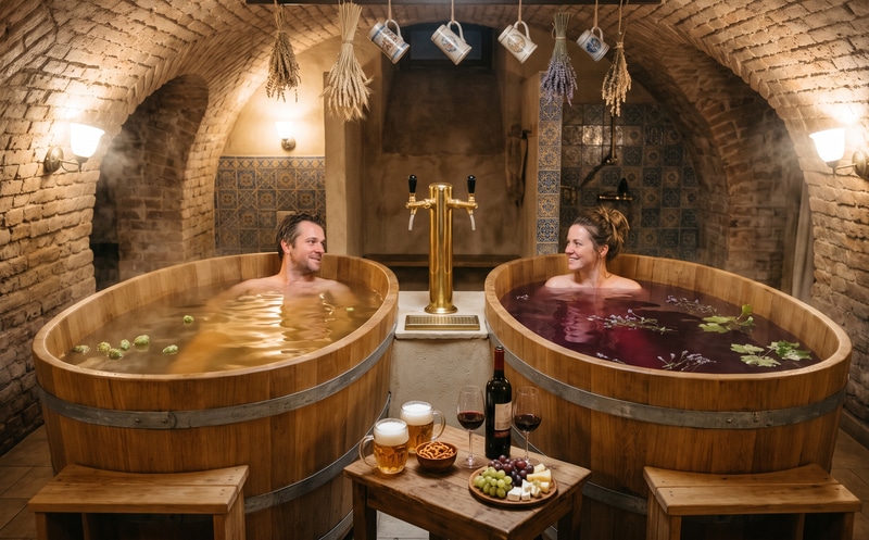 Un hombre en una bañera ovalada de roble con baño de cerveza y una mujer en la bañera contigua con baño de vino se sonríen, entre ellas una columna dorada con dos grifos de cerveza; delante, una mesita con cerveza, pretzels, una botella de vino, dos copas, uvas y queso, escalones de madera y una bóveda de ladrillo, Manantial Dorado, Lázně Pramen Praga 6