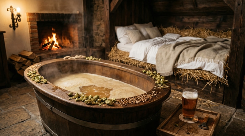 Luxusní koupel v lázních s jemným osvětlením a přírodními prvky.