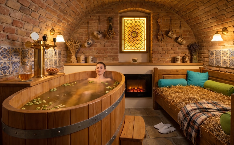 Acogedora sala privada de spa con bañera de madera, chimenea eléctrica y lecho de paja en Lázně Pramen Dejvice