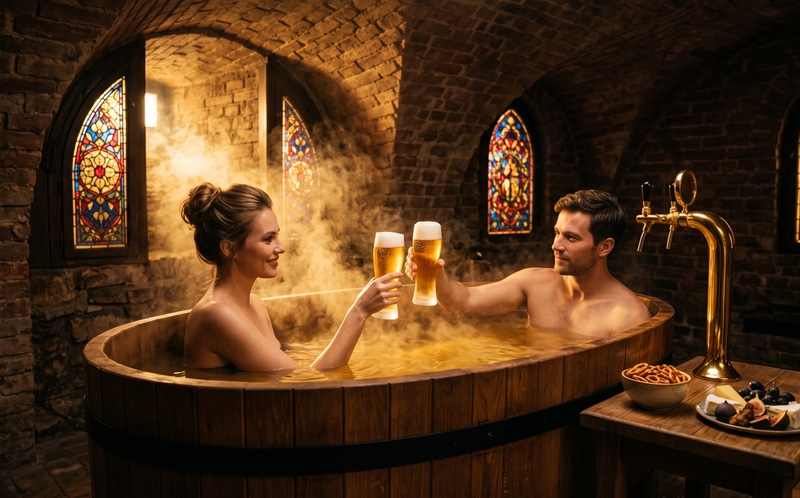 A couple relaxing in an oval oak beer bath with a gold beer tower pouring ice-cold Petrovické and a bowl of snacks, cool brick cellar, evening mood