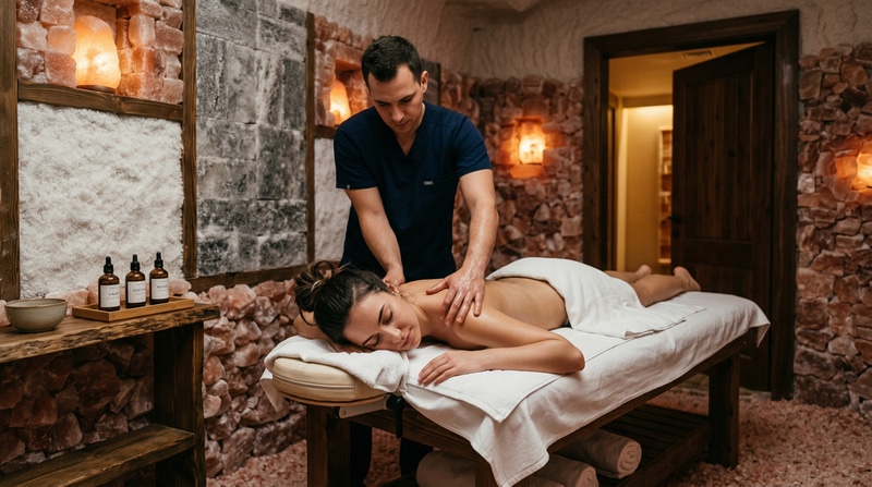 Ambiente sereno de spa con camillas de masaje e iluminación suave.