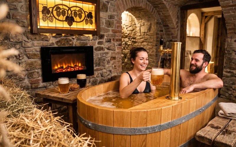 Goldenes Petrovické zlato Craft-Bier, ein Messing-Bierhahn an einer großen ovalen Eichenwanne, warmes Lampenlicht, Ziegelkeller