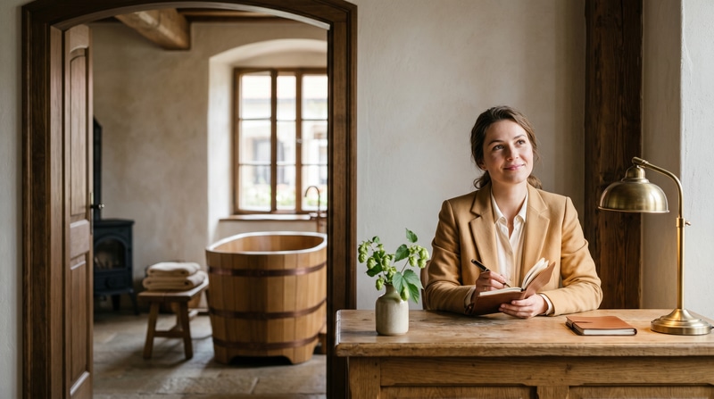 Concierge de notre spa à un bureau d'accueil en bois, la salle avec le bain à la bière visible en arrière-plan – illustration pour un article sur l'eczéma et le psoriasis