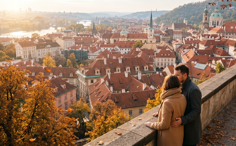 A couple at a stone parapet looking out over autumn Prague: red tiled roofs, copper domes and the Vltava in golden afternoon light