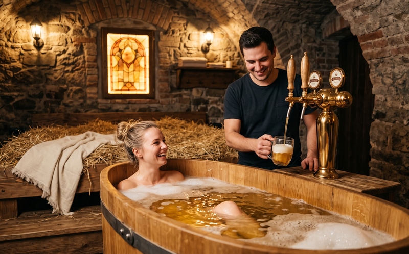 Dřevěná koupelová vana v soukromém pokoji pivních lázní se zlatou pivní pípou, slaměným lůžkem a teplým světlem lamp