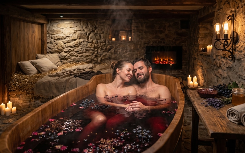 Baño de vino en la sala Manantial Esmeralda de Lázně Pramen Dejvická con extracto de pepitas y piel de uva