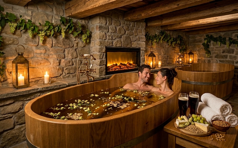 Romantic couple relaxing in a beer bath