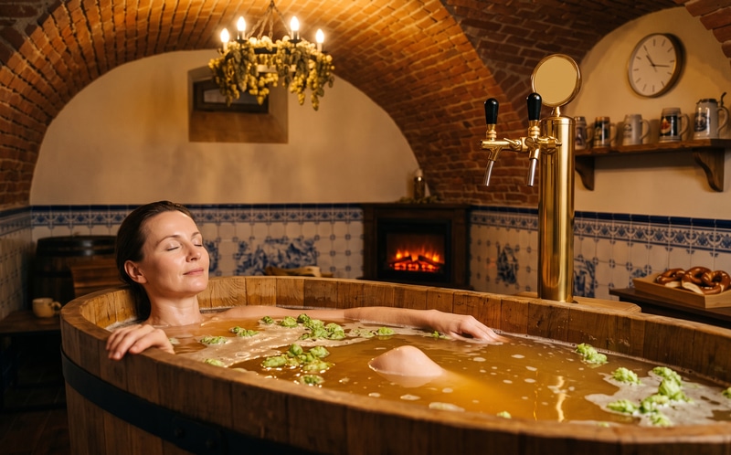 Baignoire en bois remplie d'un bain chaud dans une chambre privée, lumière douce et chaleureuse et lit de paille reposant