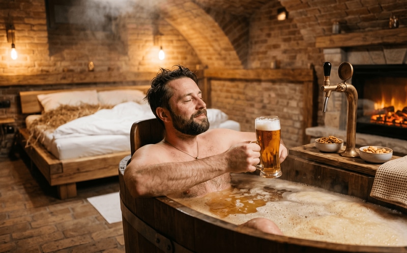 Hombre en una bañera de roble con cerveza de grifo en Lázně Pramen Dejvice