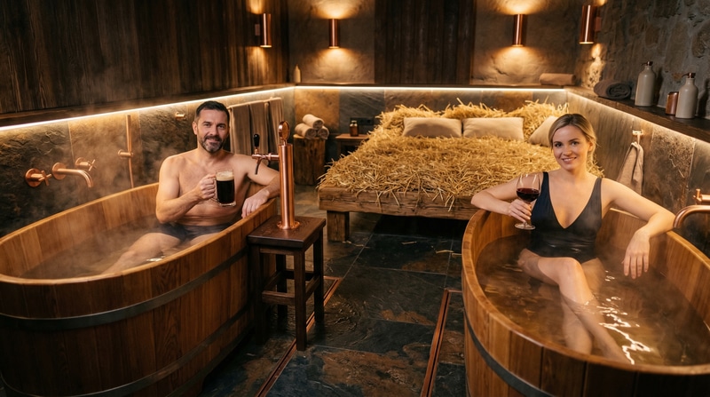 Relaxing evening spa in Prague with candles and ambient light.