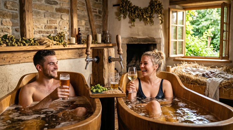 Ambiente relajante de spa estival con baño de cerveza y vegetación.