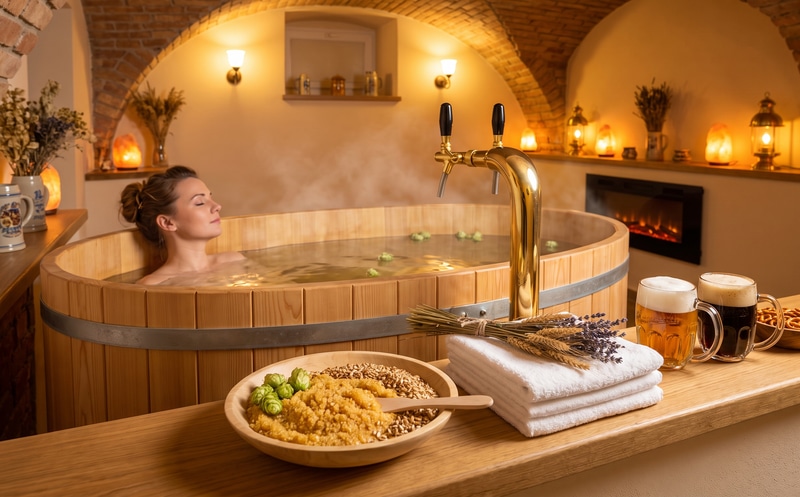 Una donna si rilassa in una vasca ovale di legno con acqua calda dorata e luppolo che galleggia; in primo piano una ciotola di peeling con malto e coni di luppolo, asciugamani e boccali di birra chiara e scura