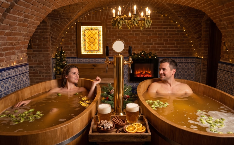 Hölzerne Badewanne mit warmem Wasser in einem gemütlichen, weihnachtlich gestalteten Raum mit elektrischem Kamin