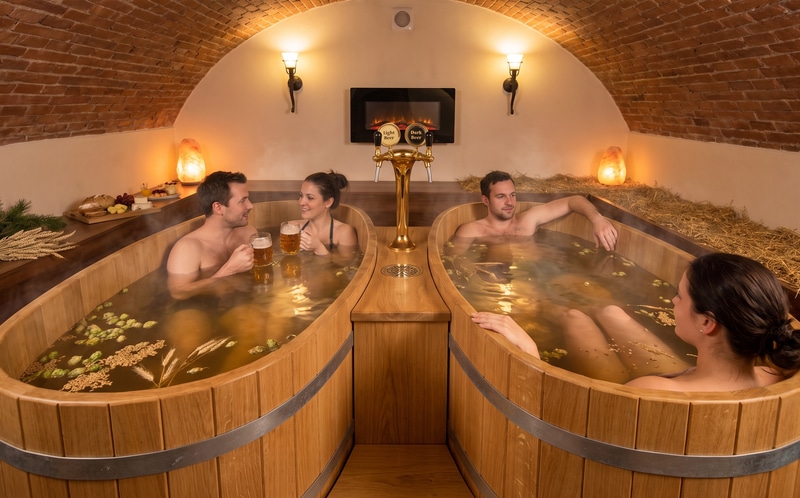 Private spa room with two oak bathing tubs and warm lighting, set up for a small team's Christmas party
