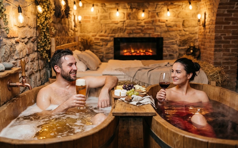Spa setting with wine bath and beer bath