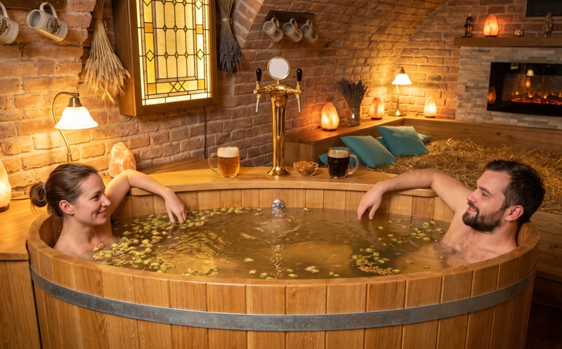 Una coppia si rilassa in una tinozza ovale di legno con il bagno alla birra, l'idromassaggio muove l'acqua e il luppolo; una spina dorata, birra chiara e scura e un camino elettrico