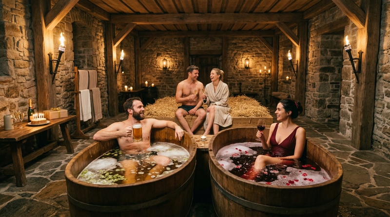 Luxurious wellness setting with scented candles and wine glasses