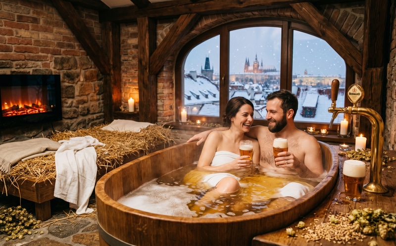 Bienestar invernal en una bañera privada de Lázně Pramen Dejvická – baño de cerveza con lúpulo de Žatec